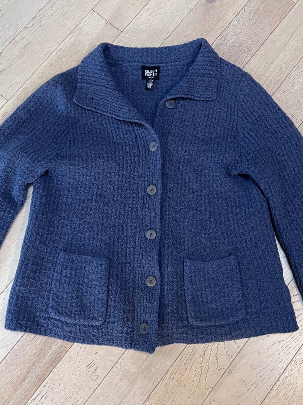 Eileen Fisher Collar Button Front Knit Cardigan Sweater Pockets PS Light Blue  l
